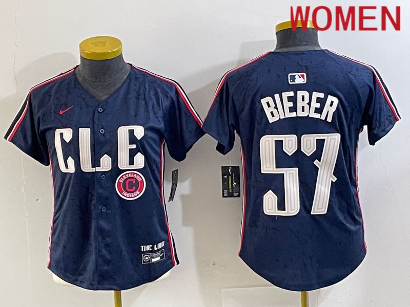 Women Cleveland Indians 57 Bieber Blue City Edition Nike 2024 MLB Jersey style 5